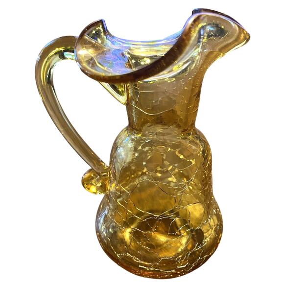 Vintage Amber Crackle Glass Ruffle Top Handled Pitcher Vase Hand-blown MCM - Picture 1 of 6